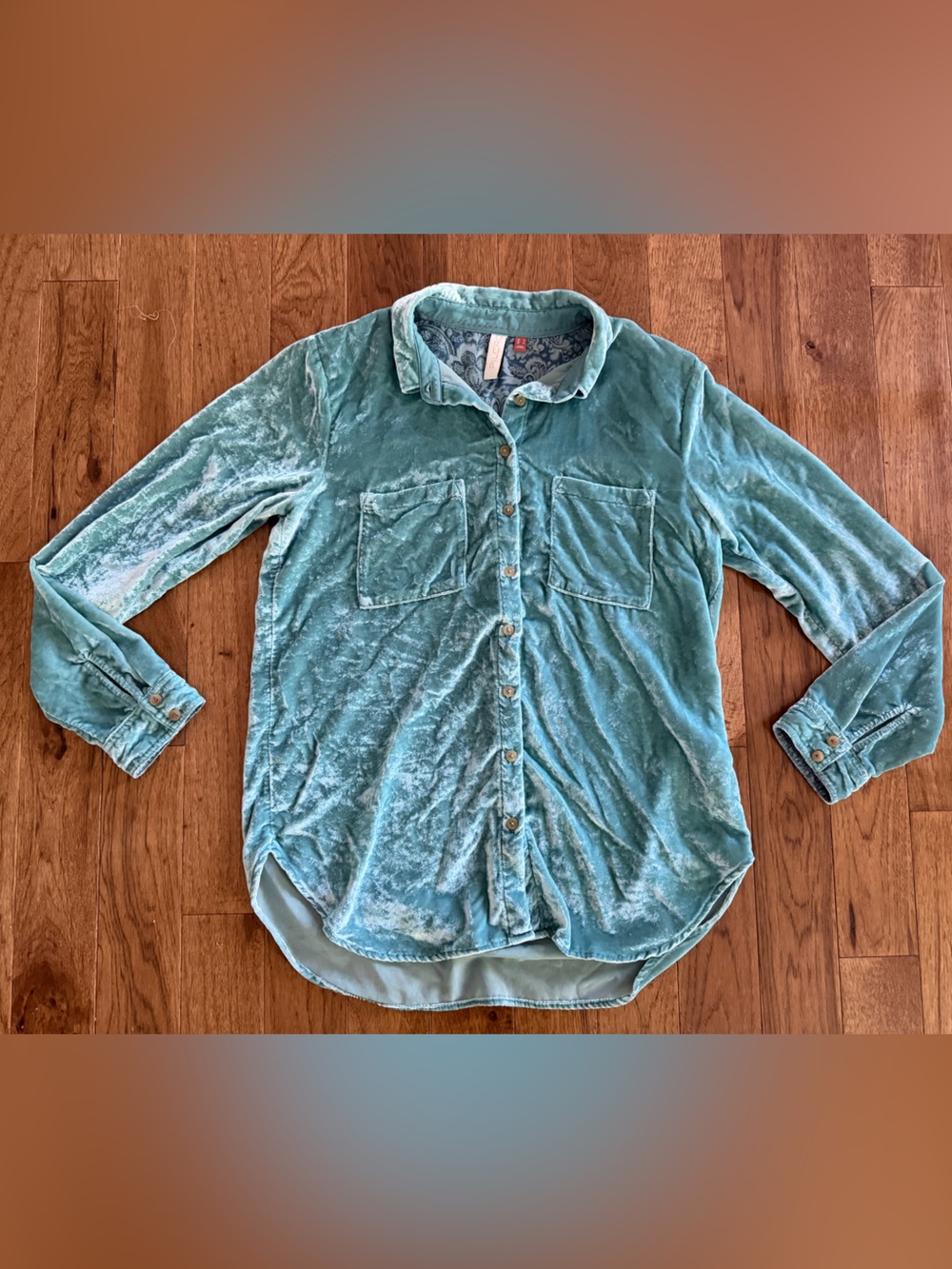 Anthropologie Pilcro Crushed Velvet Button Up Shirt Womens 6 Teal Green Relaxed